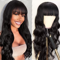 Lativ body wave wig with bangs, 20-inch natural black offers effortless daily styling.