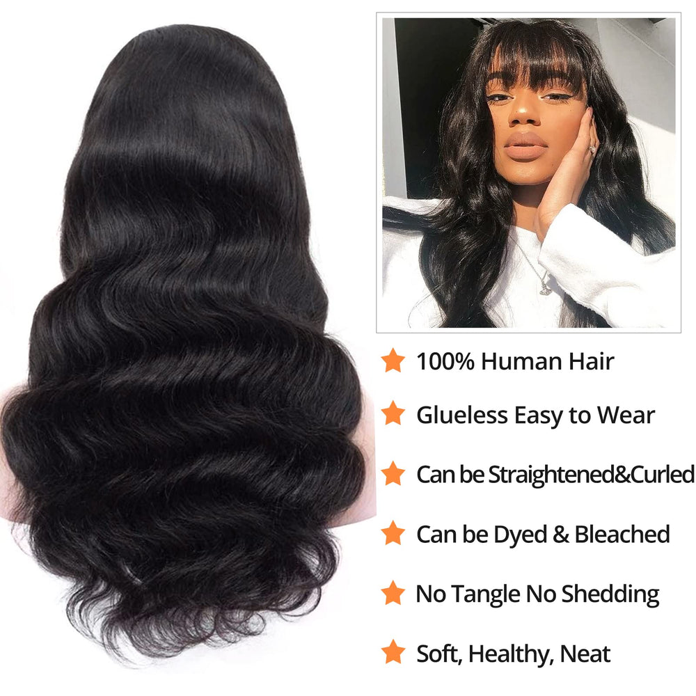Lativ Brazilian virgin hair wig with bangs, glueless for quick transformation.