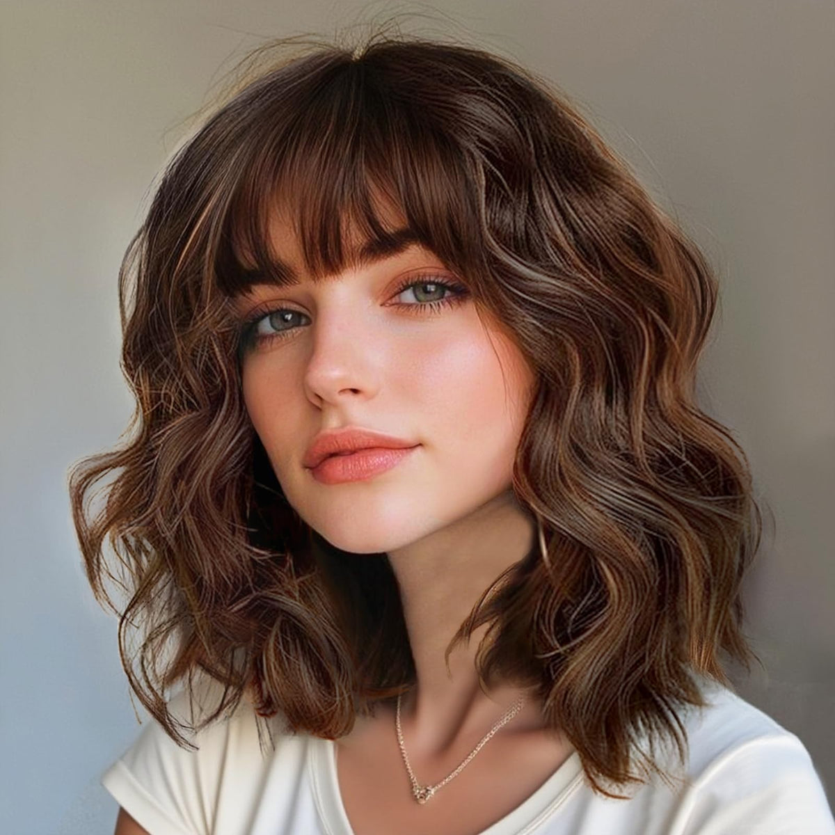 Lativ brown wig with bangs highlights a bob-curly-wavy look for daily, versatile styling.