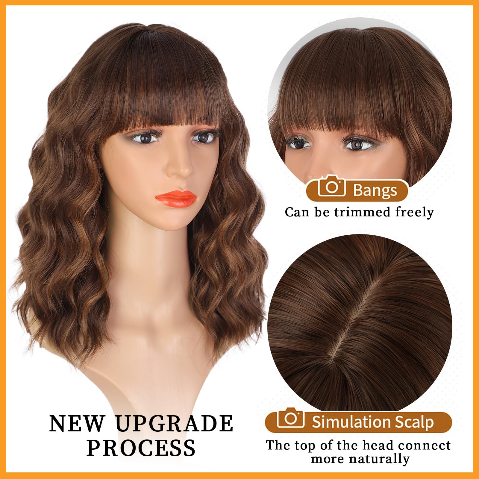 Lativ brown wig with bangs—short bob with elastic waves offers comfortable all-day wear.