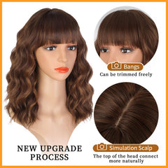 Lativ brown wig with bangs—short bob with elastic waves offers comfortable all-day wear.