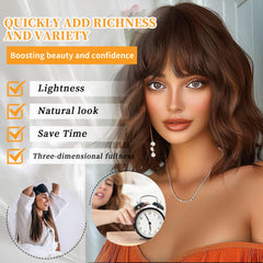 Lativ brown wig with bangs showcases three clips and breathable cap for secure comfort.