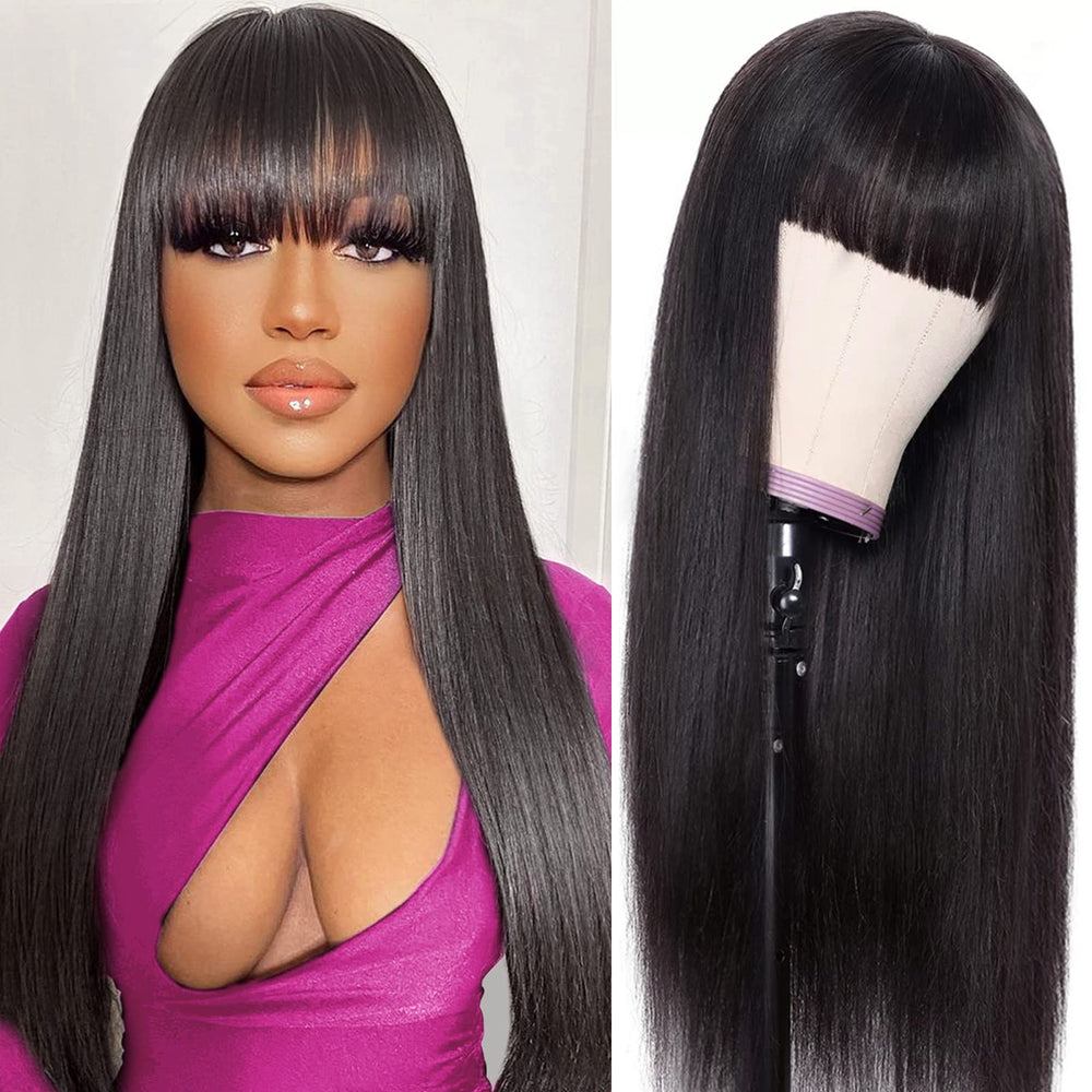 Lativ Straight Wigs with Bangs front view, natural black color for everyday styling.