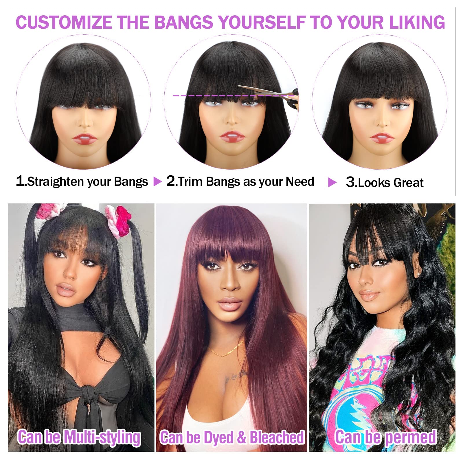 Lativ Straight Wigs with Bangs glueless cap for easy, glue-free wear.