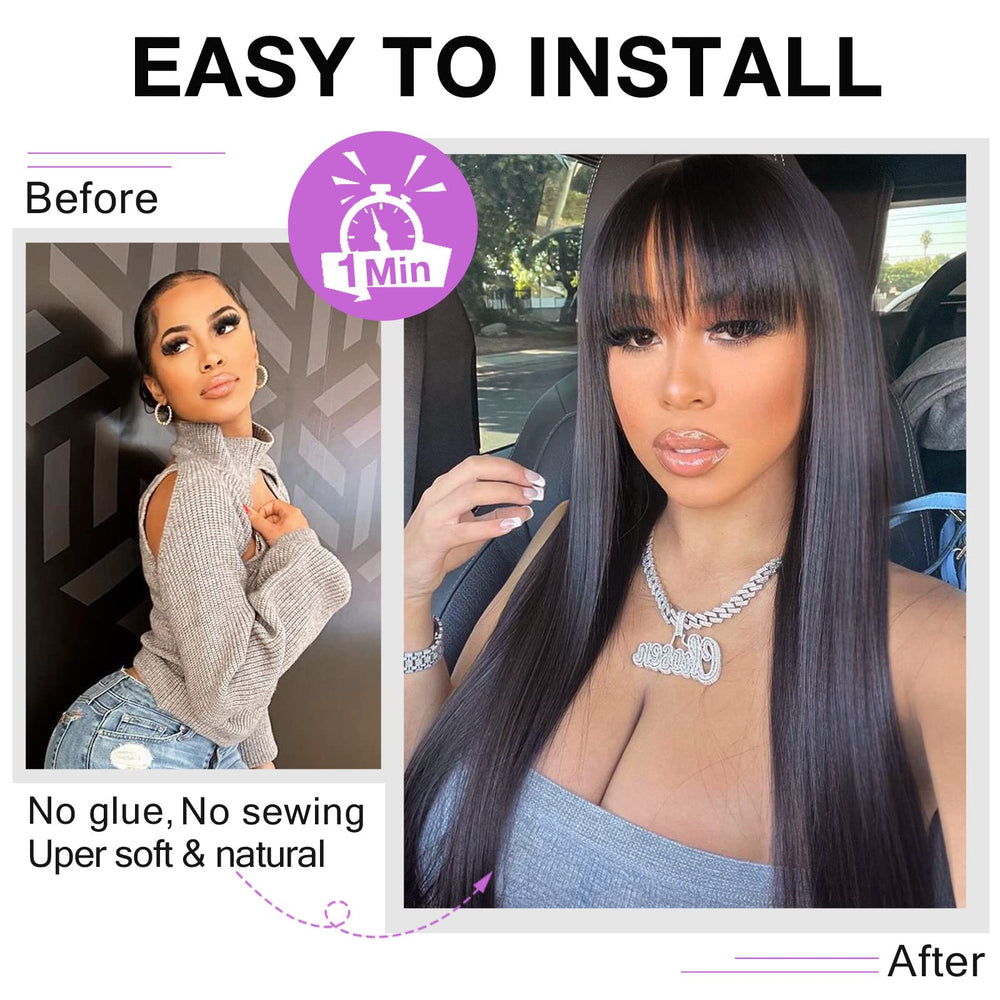 Lativ Straight Wigs with Bangs 20-inch natural-black color for authentic look.