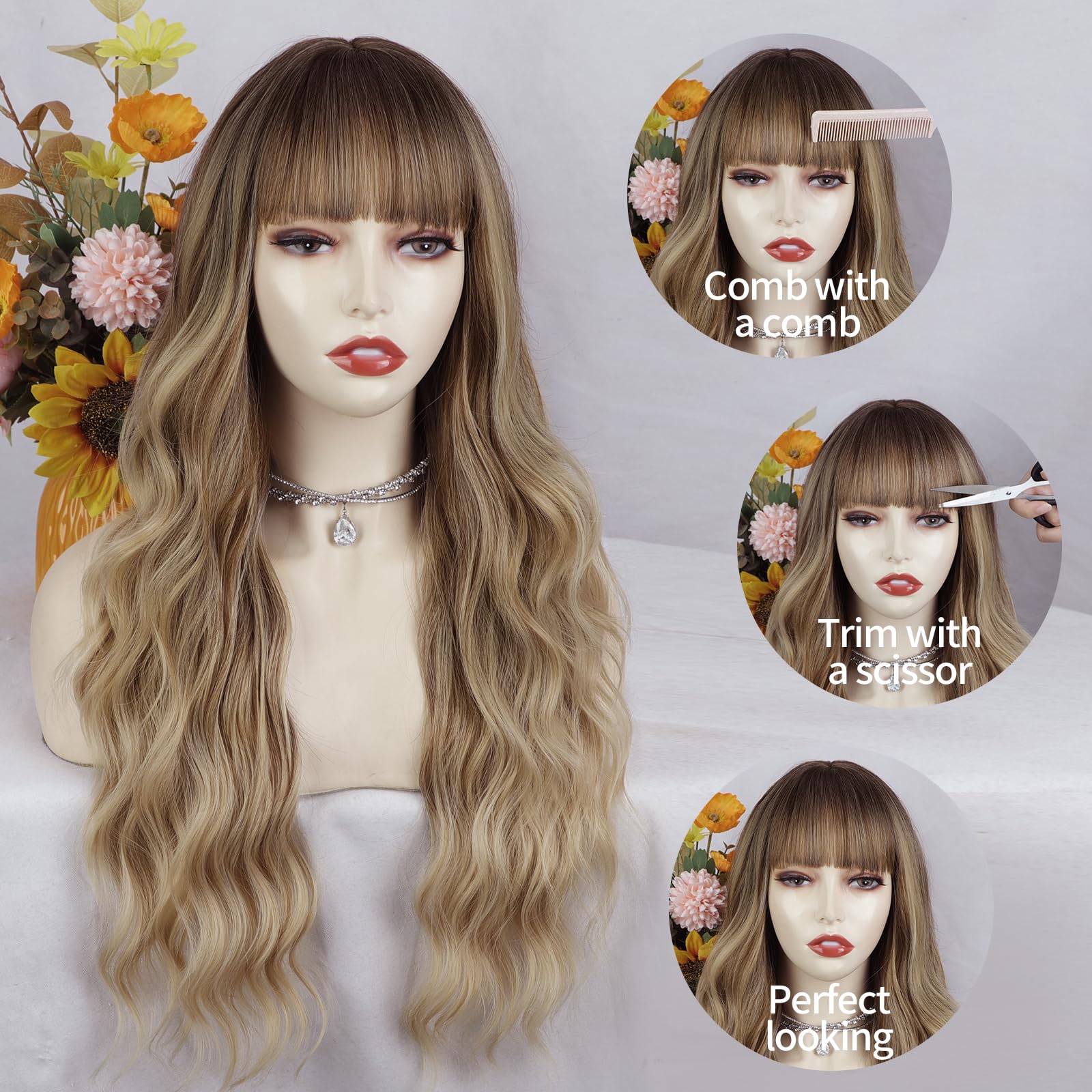 Lativ synthetic heat-resistant wig with bangs side view for everyday wear.