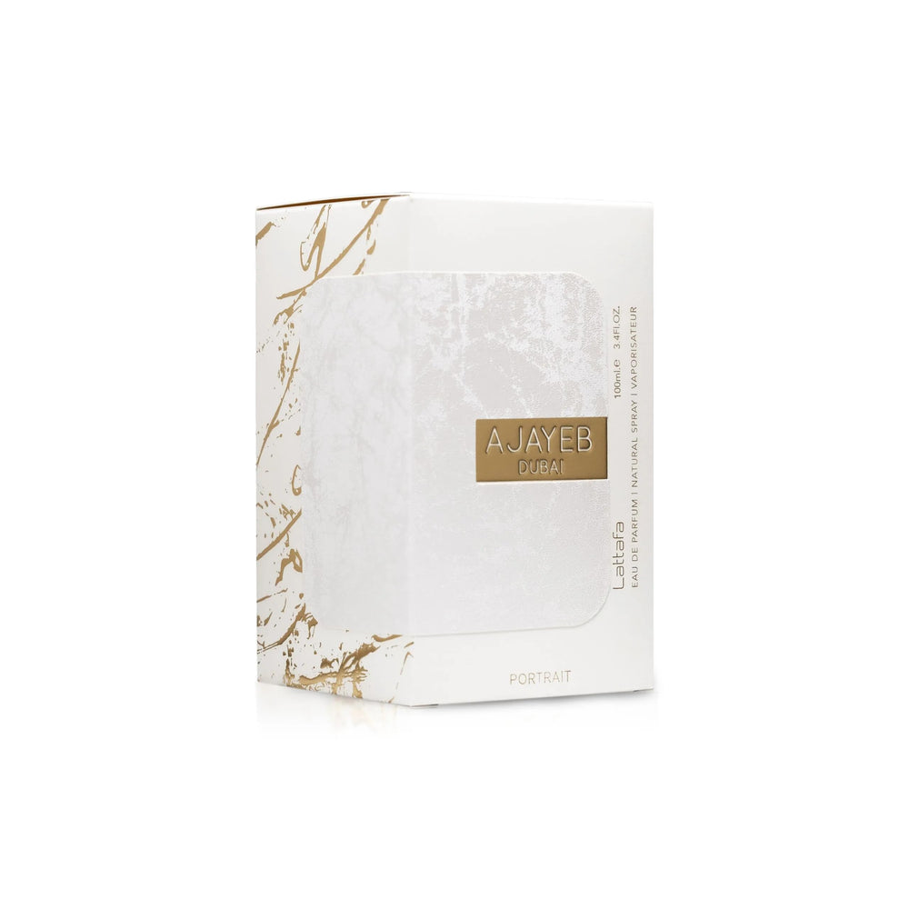 Lattafa Ajayeb Dubai Portrait base notes wood and amber provide warm depth.