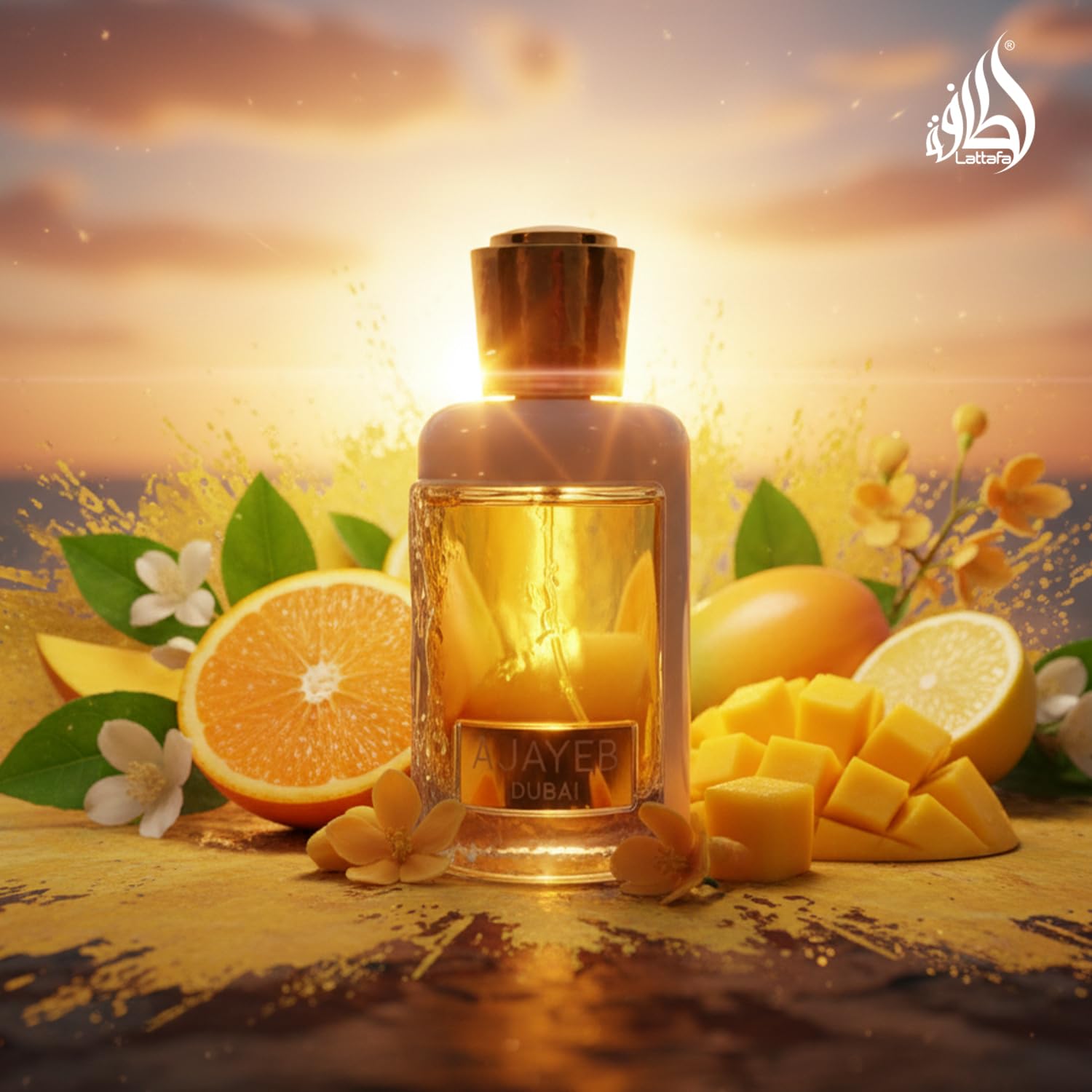 Lattafa Ajayeb Dubai Portrait top notes citrus entice with bright daytime energy.
