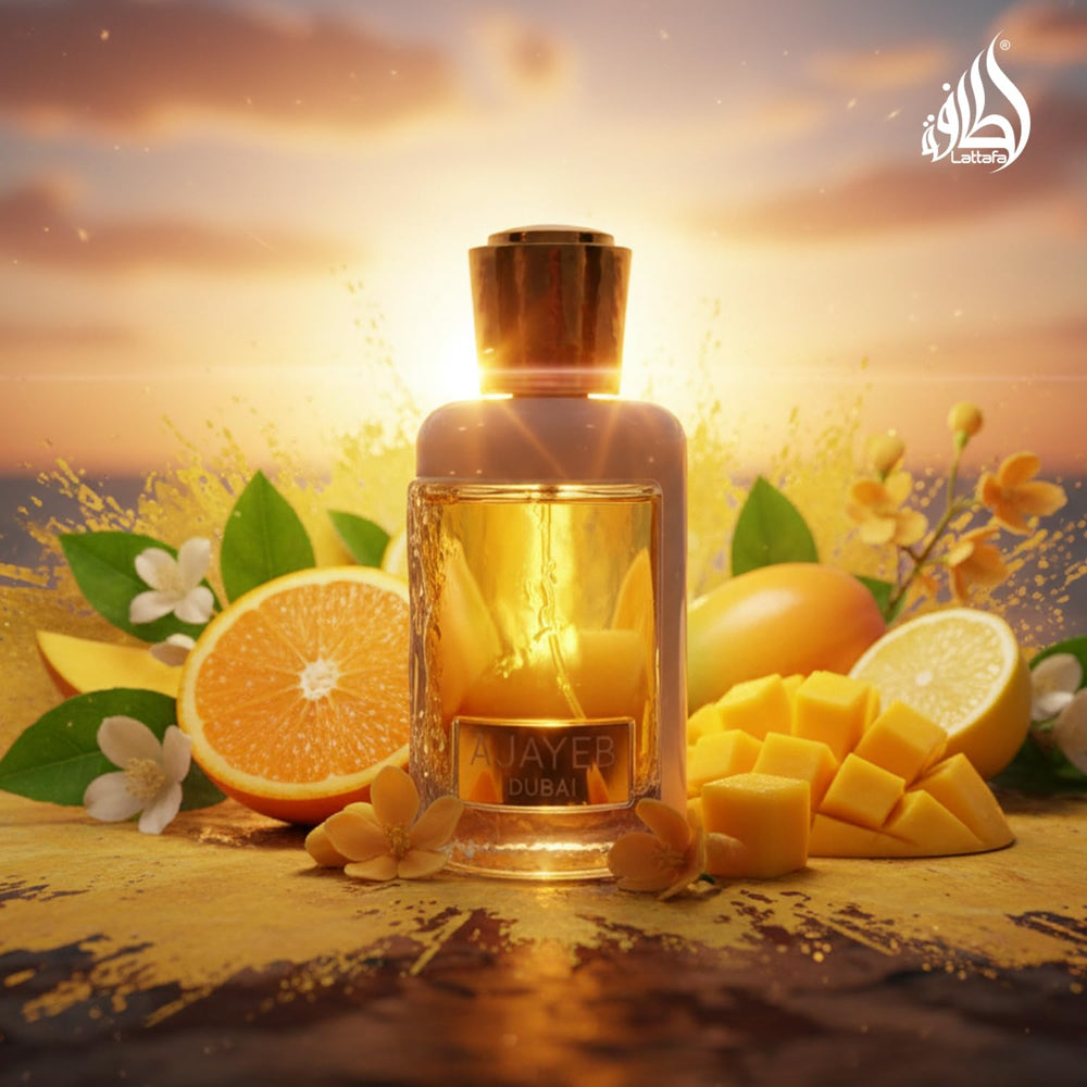Lattafa Ajayeb Dubai Portrait top notes citrus entice with bright daytime energy.