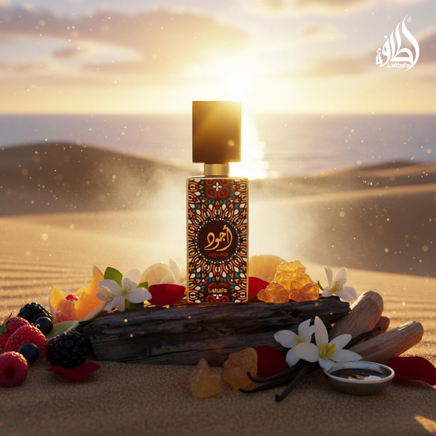 Lattafa Ajwad bottle cap close-up shows refined detailing for luxury perception.