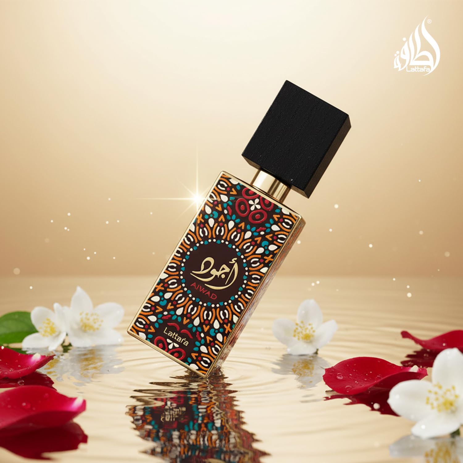 Lattafa Ajwad wood-finish bottle image emphasizes oriental luxury.
