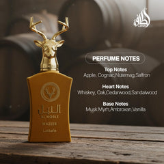 Lattafa Al Noble Wazeer cap closeup highlights refined finish and premium packaging.
