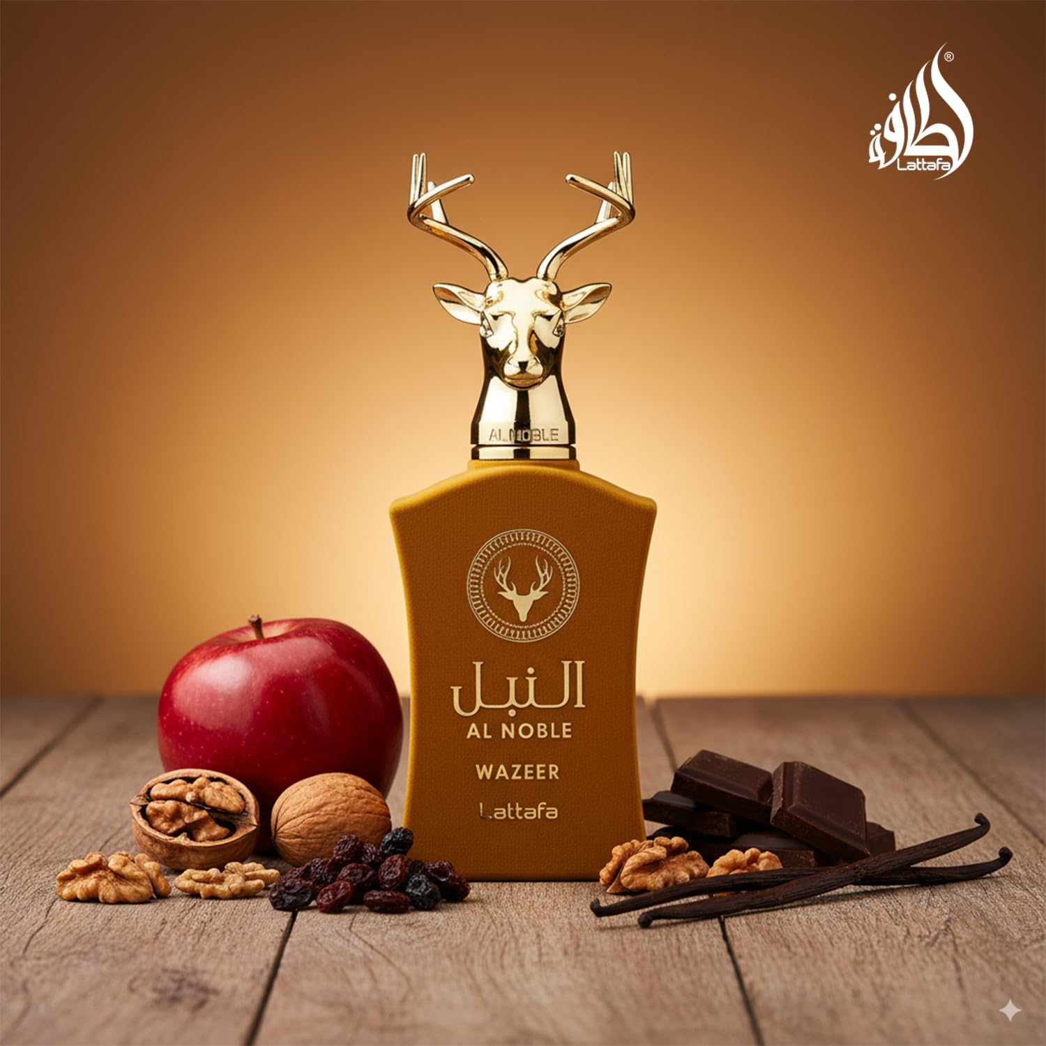 Lattafa Al Noble Wazeer bottle side view conveys balanced woody notes.