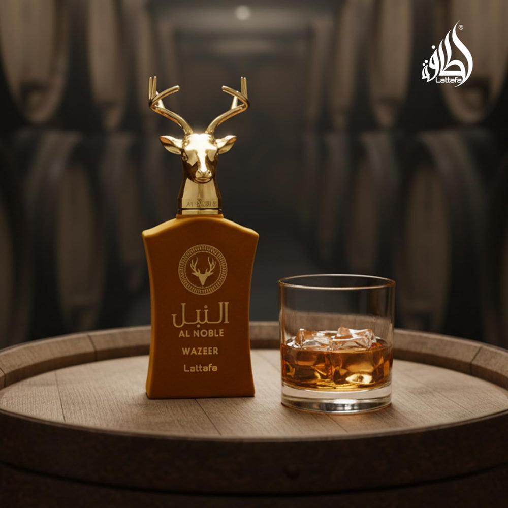 Lattafa Al Noble Wazeer iris detail hints powdery sophistication.