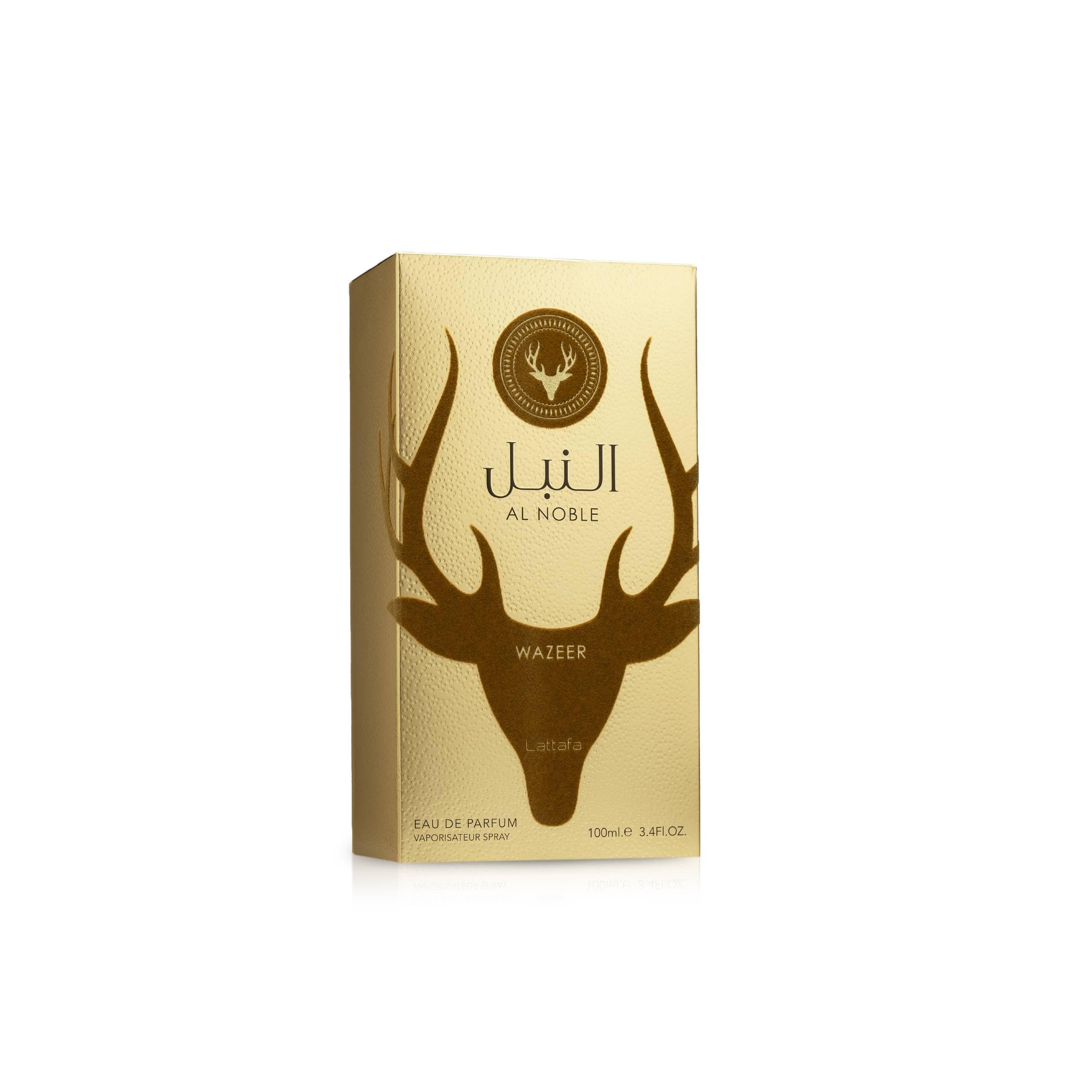 Lattafa Al Noble Wazeer wood note visual emphasizes warm cedar and sandalwood.