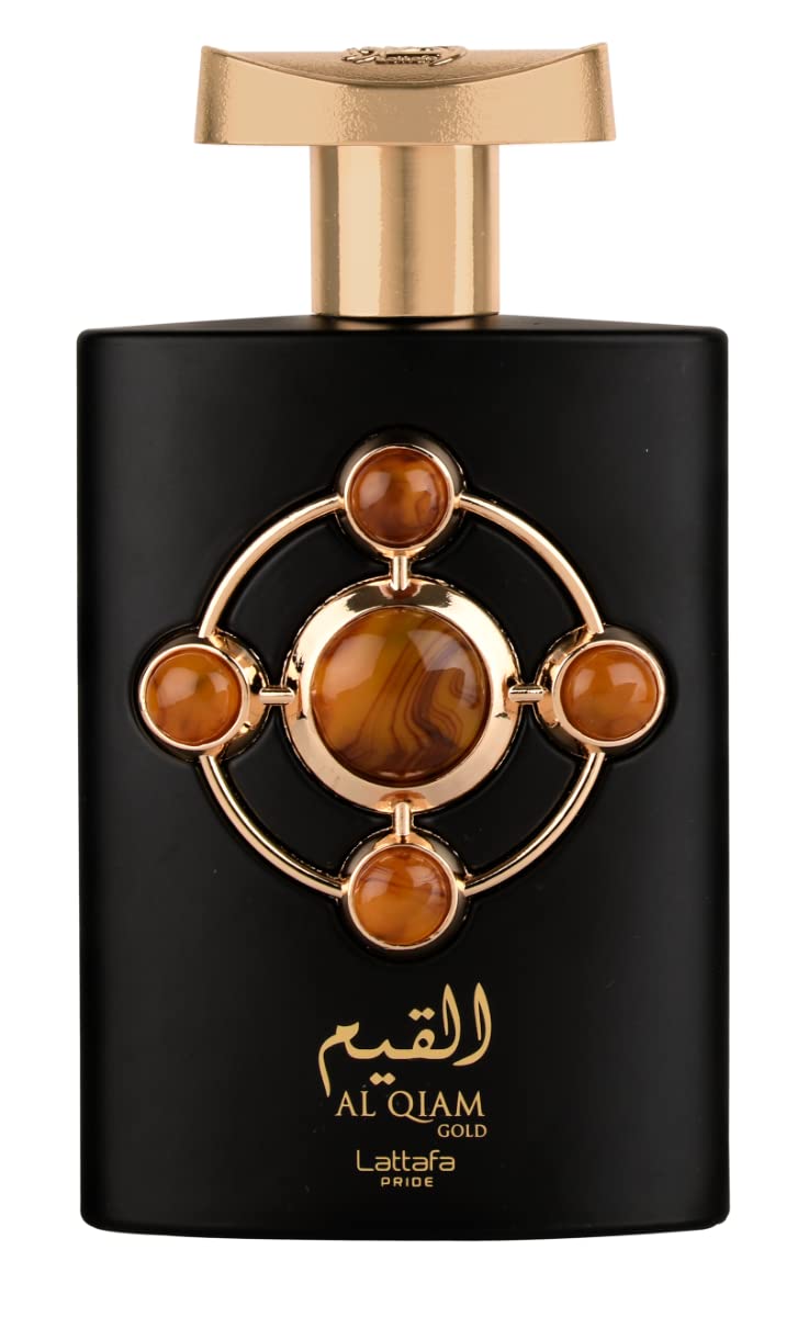 Lattafa Al Qiam Gold note close-up shows saffron and raspberry top notes.