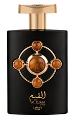Lattafa Al Qiam Gold note close-up shows saffron and raspberry top notes.