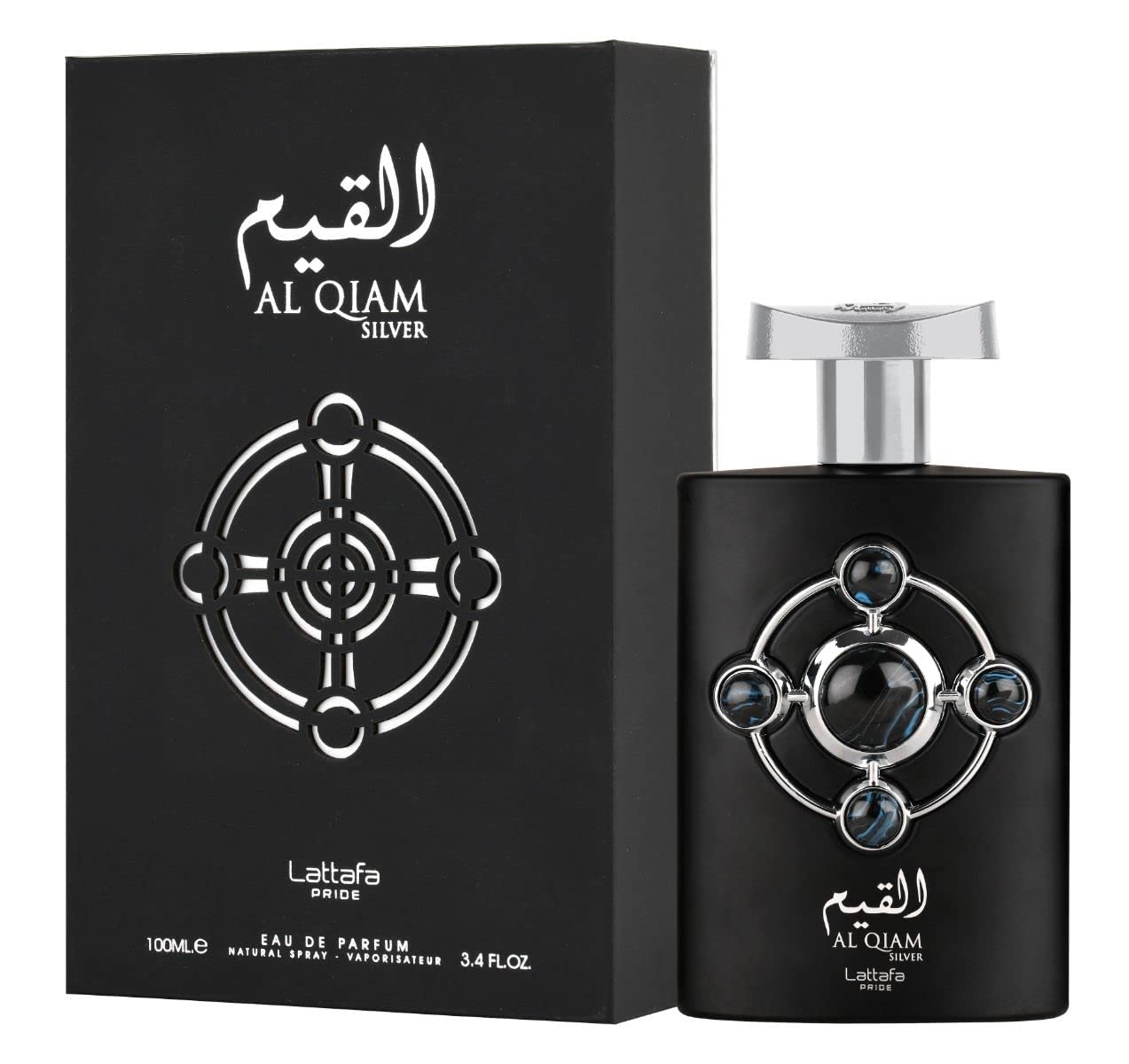 Lattafa Al Qiam Silver bottle cap close-up, highlights premium citrus-woody blend for refined scent.