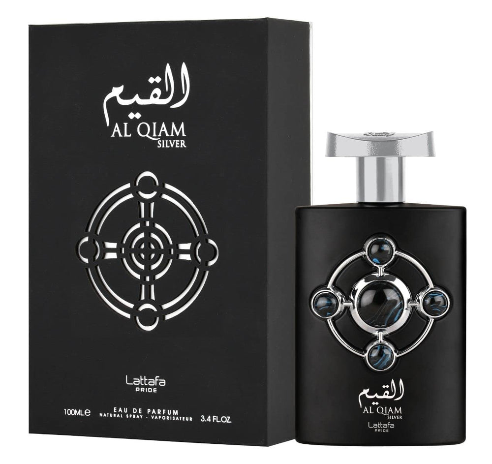 Lattafa Al Qiam Silver bottle cap close-up, highlights premium citrus-woody blend for refined scent.