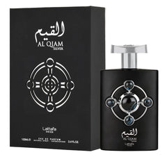Lattafa Al Qiam Silver bottle cap close-up, highlights premium citrus-woody blend for refined scent.