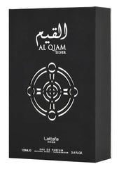 Lattafa Al Qiam Silver bottle on vanity, great for gifting or personal fragrance routine.