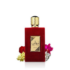 Lattafa Asdaaf Ameerat Al Arab EDP bottle closeup highlighting luxurious notes