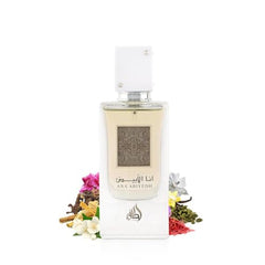 Lattafa Ana Abiyedh bottle side angle highlighting warm musk and woody base notes; enduring scent.
