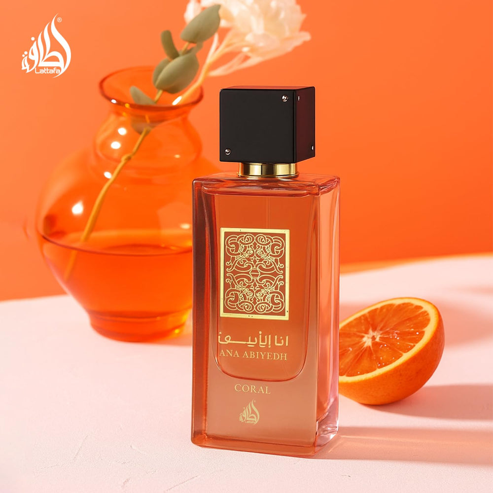 Lattafa Ana Abiyedh Coral back label detail reveals lasting vanilla base