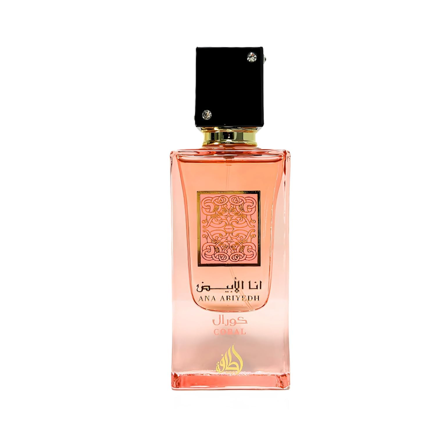 Lattafa Ana Abiyedh Coral bottle front with inviting unisex scent and versatile appeal