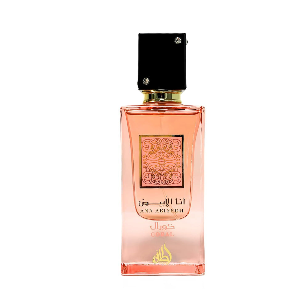 Lattafa Ana Abiyedh Coral bottle front with inviting unisex scent and versatile appeal