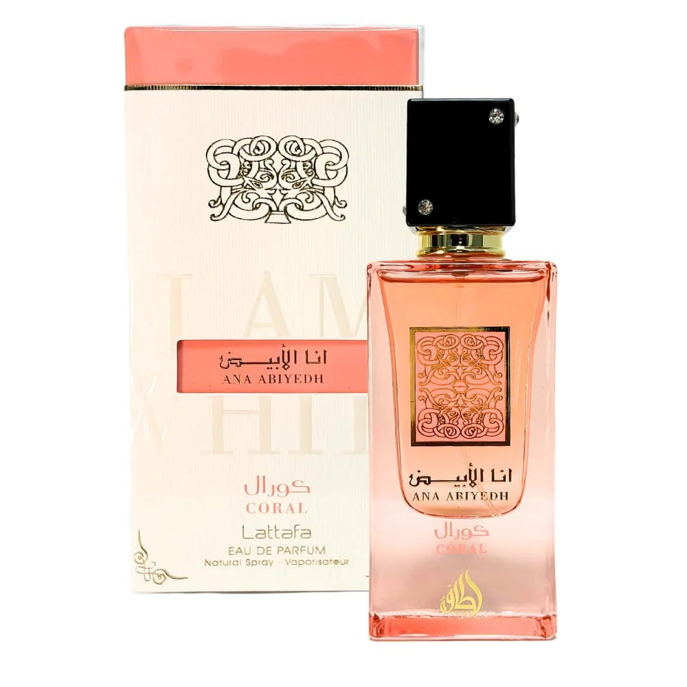 Lattafa Ana Abiyedh Coral spray mist captures fresh top notes for morning confidence
