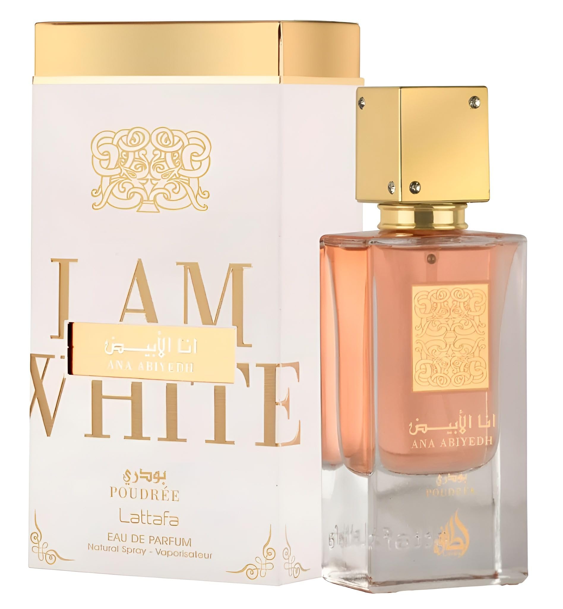 Lattafa Ana Abiyedh Poudrée bottle highlights musk and amber for evening elegance.