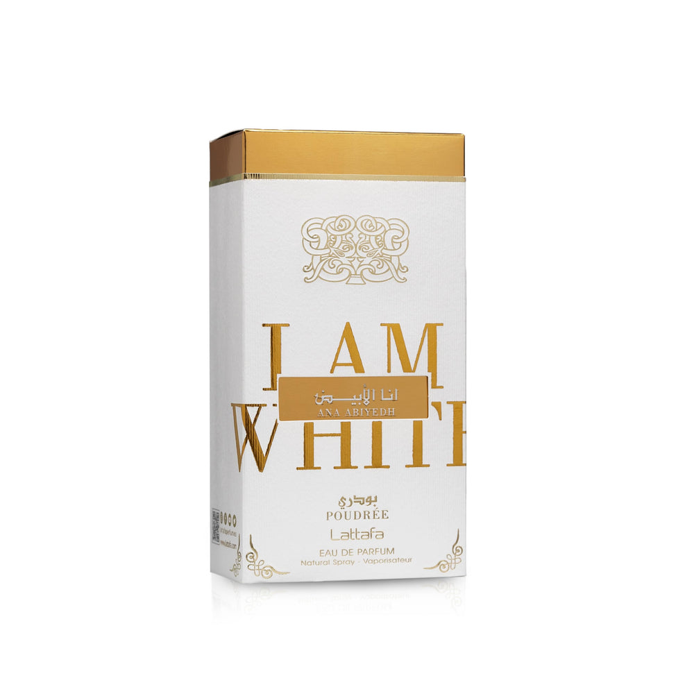 Lattafa Ana Abiyedh Poudrée musk-base notes close-up hints lasting warmth