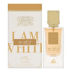 Lattafa Ana Abiyedh Poudrée base notes of oud and amber deliver depth.