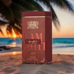Lattafa Ana Abiyedh Scarlet bottle back highlights sophisticated styling ideal for gifting