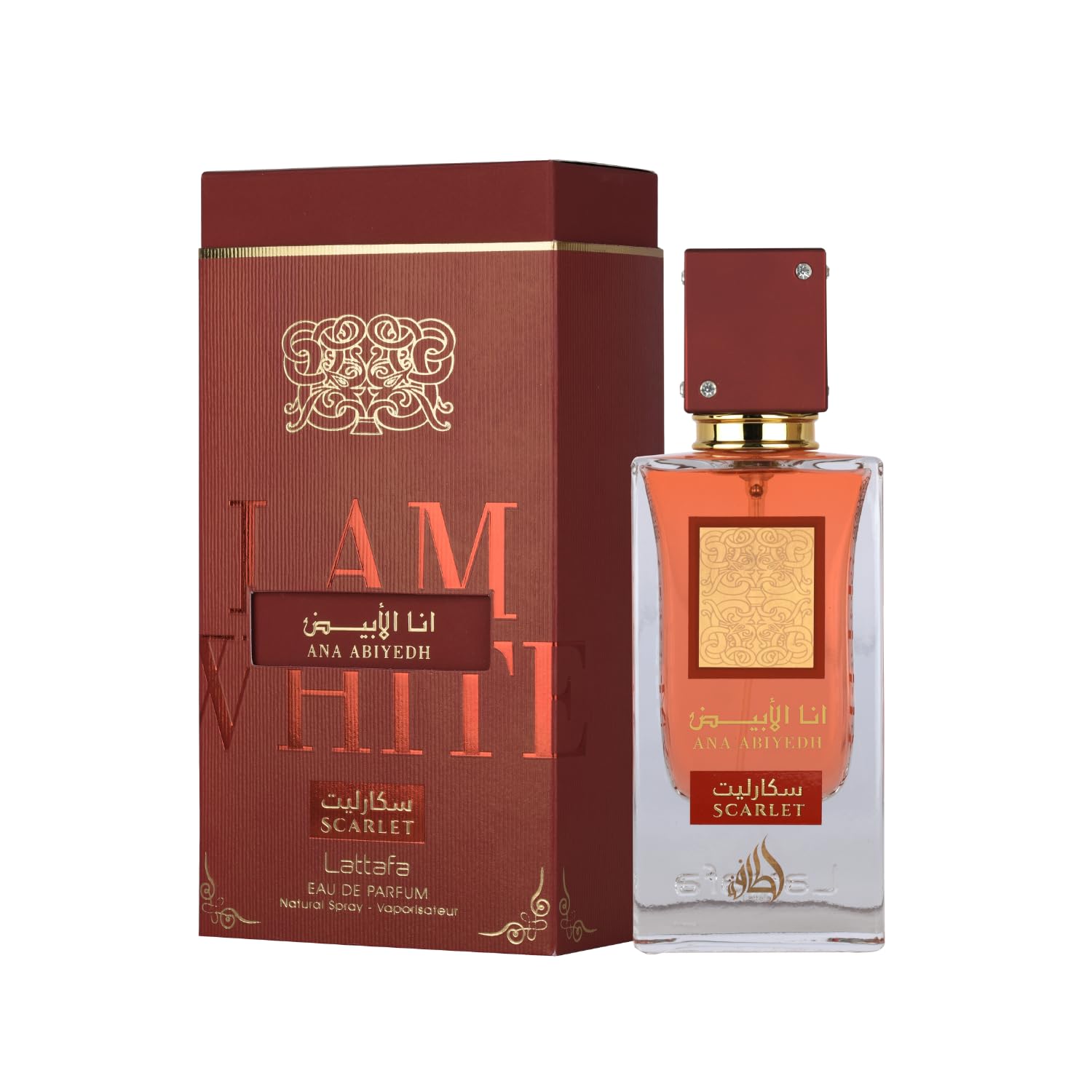 Lattafa Ana Abiyedh Scarlet bottle front illustrates premium design for versatile day-to-night wear
