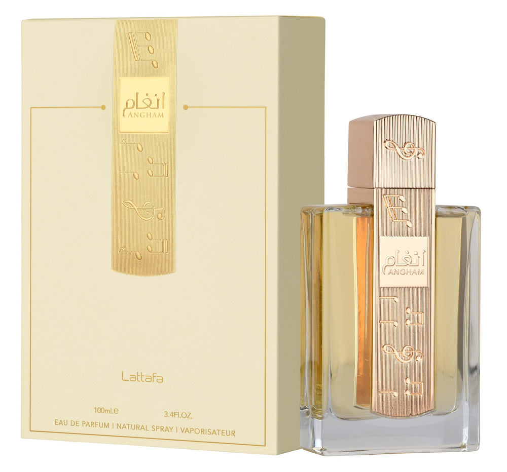 Lattafa Angham base notes musk amber vanilla create warm lingering warmth