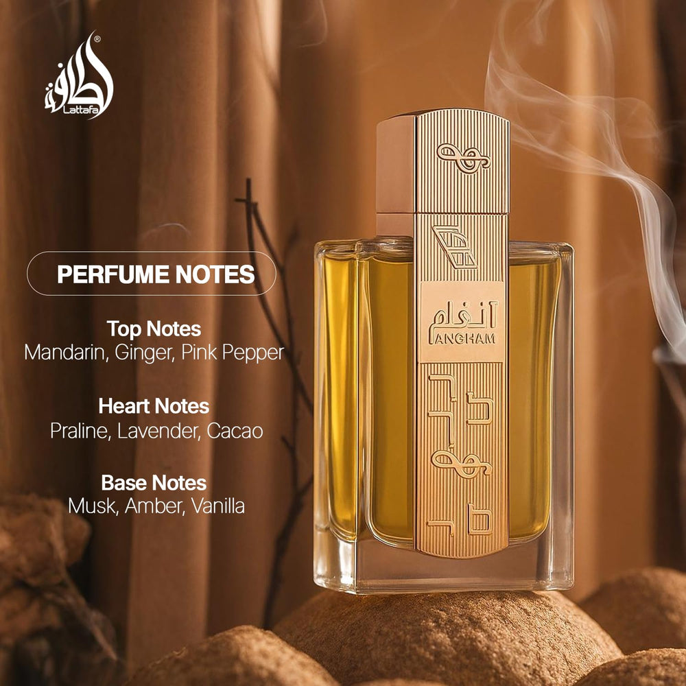 Lattafa Angham packaging box highlighting sophisticated gift-ready presentation
