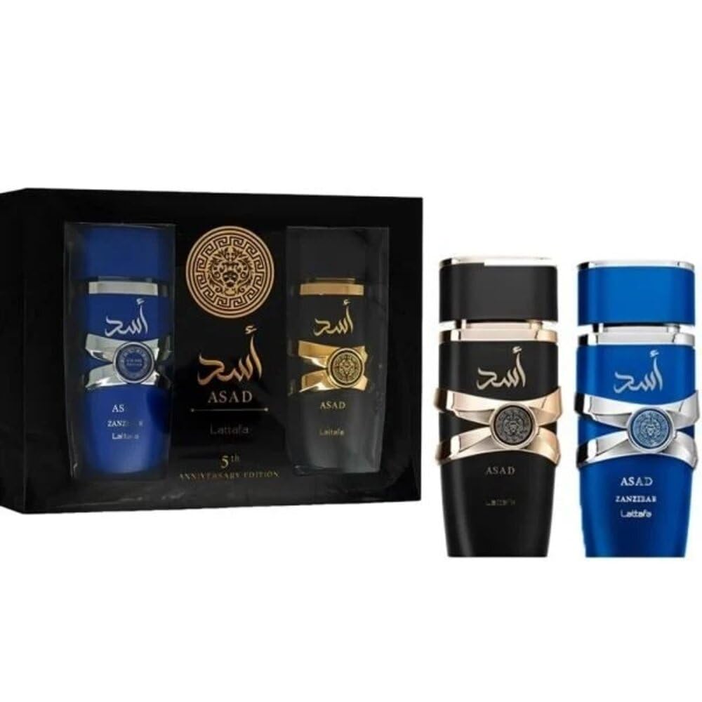 Lattafa Asad 5th Anniversary gift box presentation emphasizes premium two-piece set.