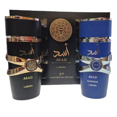 Lattafa Asad 5th Anniversary packaging close-up showcases luxury gifting details.