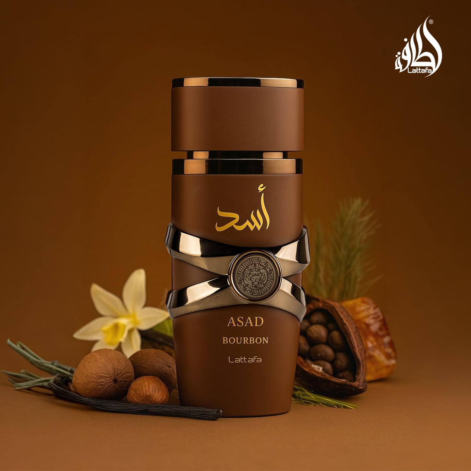Lattafa Asad Bourbon heart-notes image with cacao and nutmeg for warm depth.