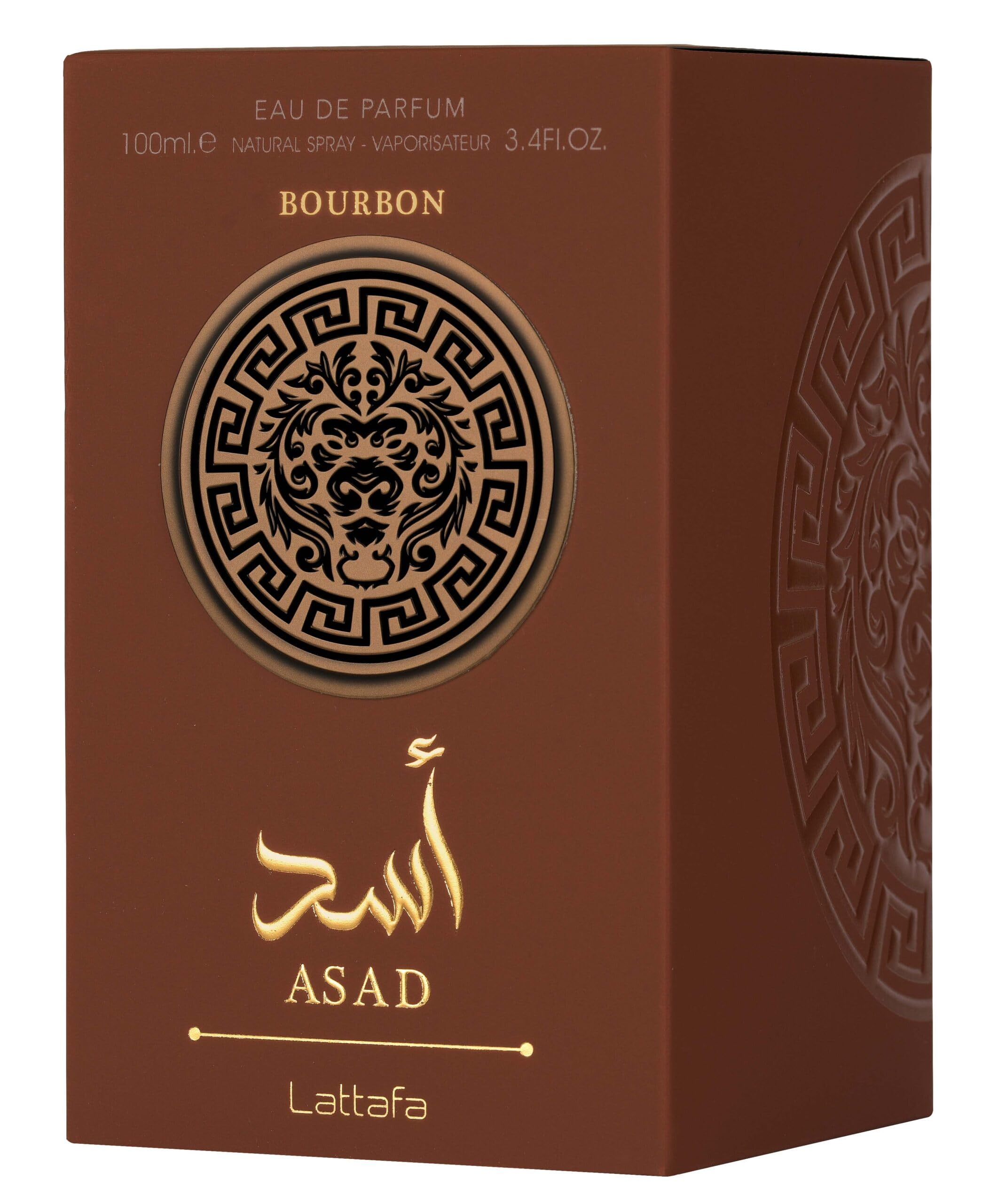 Lattafa Asad Bourbon nutmeg and davana mid-notes for rich spice.