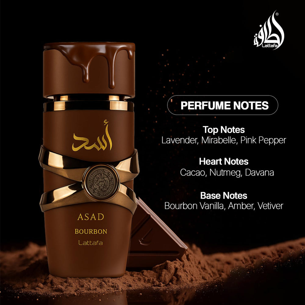 Lattafa Asad Bourbon top-notes closeup highlighting pink pepper and lavender for an energizing start.