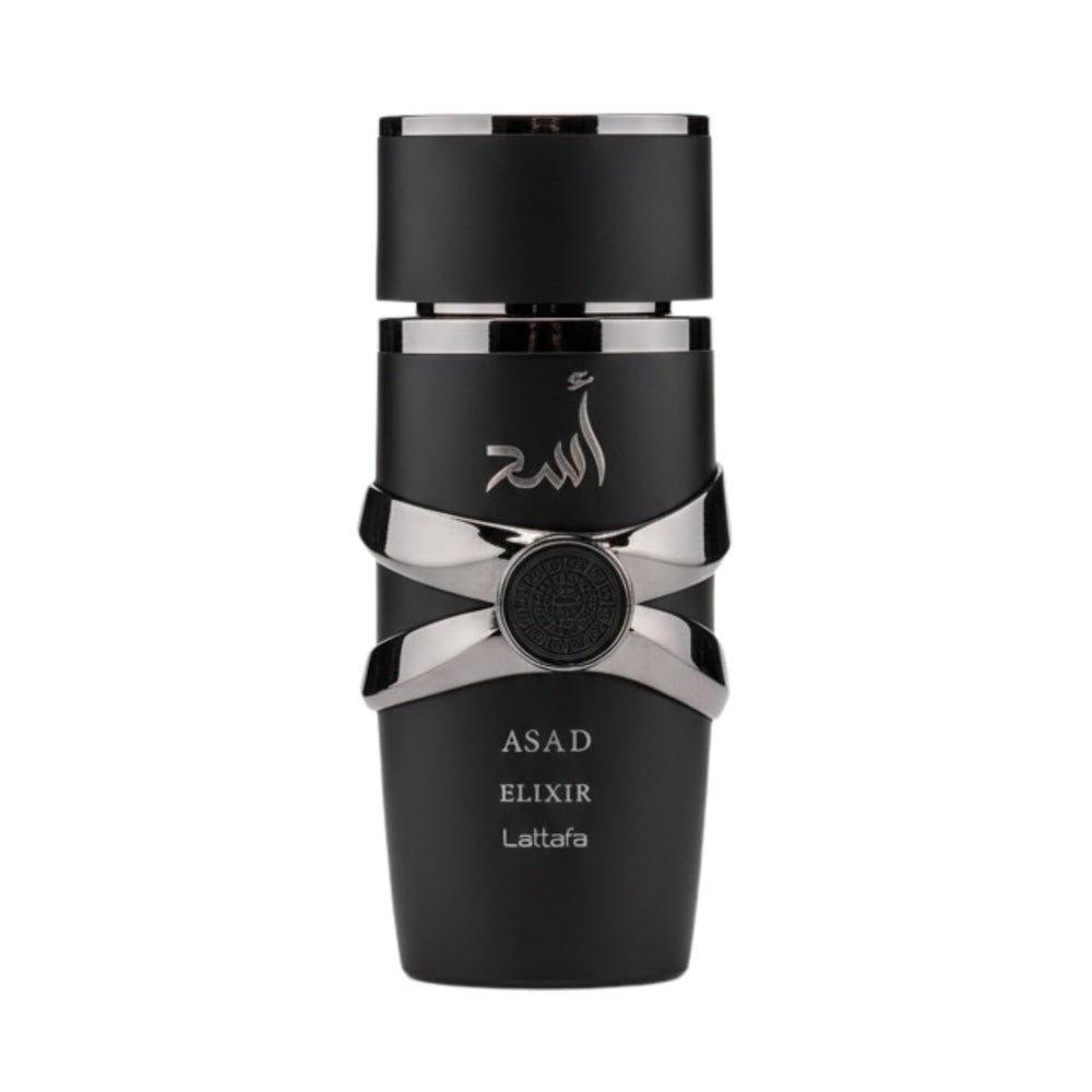 Lattafa Asad Elixir EDP bottle-pour highlights sharp top notes for a bold evening presence.