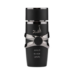 Lattafa Asad Elixir EDP bottle-pour highlights sharp top notes for a bold evening presence.