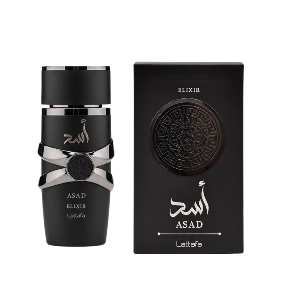 Lattafa Asad Elixir heart-smoke-cedarwood evokes warm, lasting allure for confident evenings.