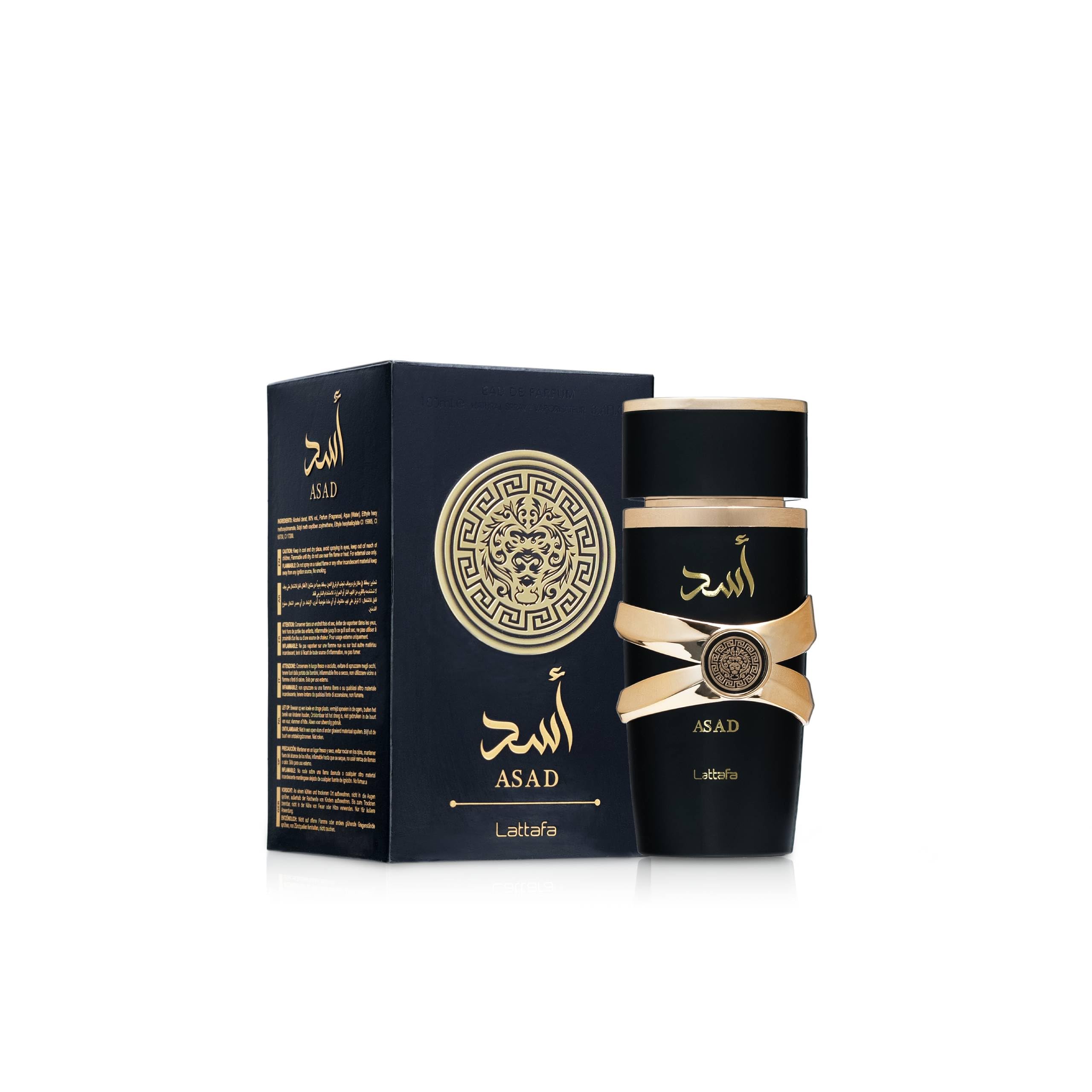 Lattafa Asad label close-up, brand heritage and luxury perfumery notes.