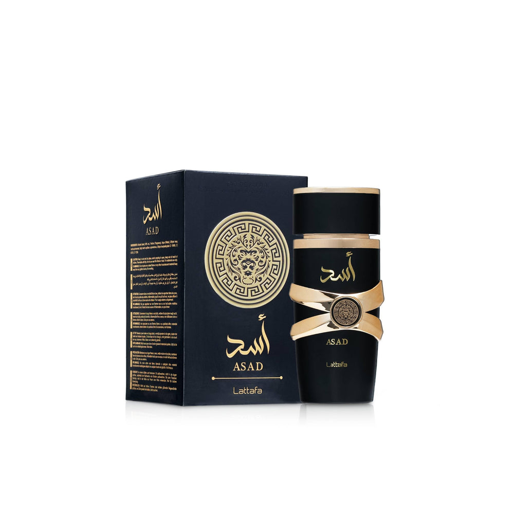 Lattafa Asad label close-up, brand heritage and luxury perfumery notes.