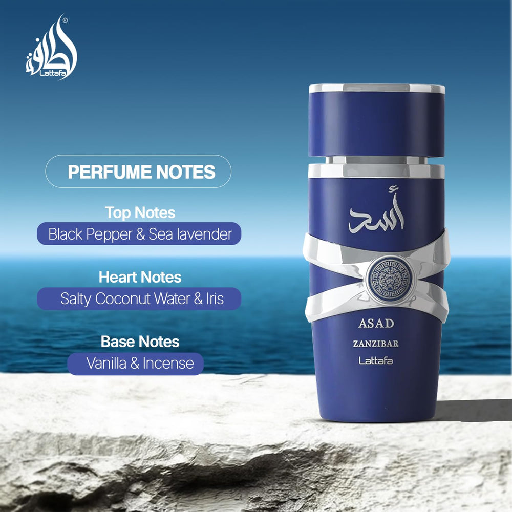 Lattafa Asad Zanzibar bottle-closeup, refined cap for elegant evenings.