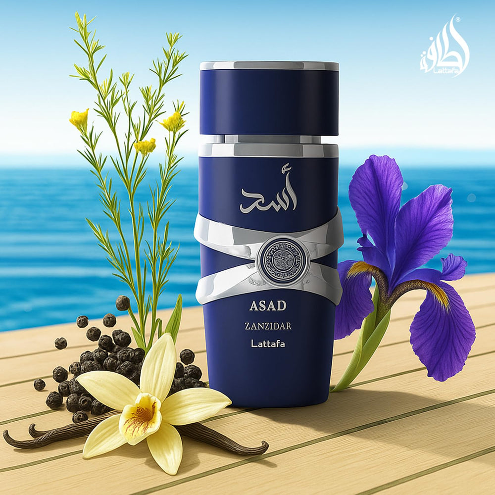 Lattafa Asad Zanzibar vanilla-incense-base, warm aroma with staying power.